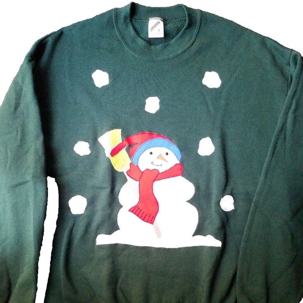 Womens Large Snowman Hand Applique Green SweatShirt